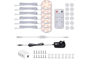 LABOREDUCER Under Cabinet Light Kitchen Kit,Dimmable Display Cabinet Lighting Cupboard Lights with Remote Control,6 Pack Puck Lights Under Cabinet Kitchen Lighting for Closet,Counter,Shelf,Wardrobe