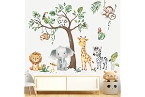 ‎DECALMILE decalmile Wandtattoo Dschungel Waldtiere Baum Wandsticker Safari Elefant Giraffe Affe Wandaufkleber Babyzimmer Schlafzimmer Klassenzimmer Wanddeko