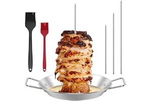 BUKBAS Vertical Kebab Skewer Stand, Stainless Steel BBQ Meat Chicken Skewers Grill with 3 Different Sizes Spikes and 2 Brushes, Removable Kebab Skewers with Drip Tray for Sausage Steak Turkey Fish