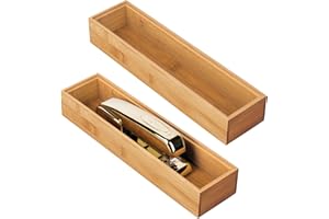 mDesign Set da 2 organizer ufficio rettangolari – Pratico contenitore ufficio in bambù per evidenziatori, promemoria e cancelleria – Organizer scrivania perfetti come divisori cassetti – naturale