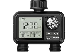 Xtsuen Ordinateur d'irrigation, minuteur d'arrosage avec Retard de Pluie/Mode Automatique et Manuel, IPX5 étanche/Grand écran LCD, minuterie d'eau pour Jardin, pelouse (2 Sorties)