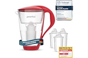 ‎PEARLCO PearlCo Glas-Wasserfilter (rot) Glaskanne mit 3 Classic Filterkartuschen – Reduzierung von Kalk & Schwermetall – Schützt Geräte – Besserer Geschmack von Kaffee & Tee – Made in EU