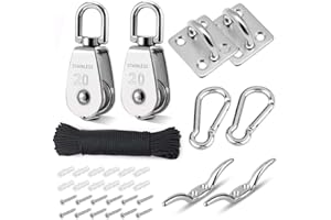TooTaci M20 Umlenkrollen Edelstahl 304, Seilrolle Umlenkrolle set mit 4mm Nylon Riemenscheibe Seil 20M, Karabinerclip, Längliche Augenkissenplatte, Stollenhaken, Umlenkrollen für seile