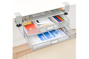 DESKORGA Cassetto sotto scrivania rinforzato – 2 cassetti scorrevoli A4 – Organizer portaoggetti in metallo (grigio)