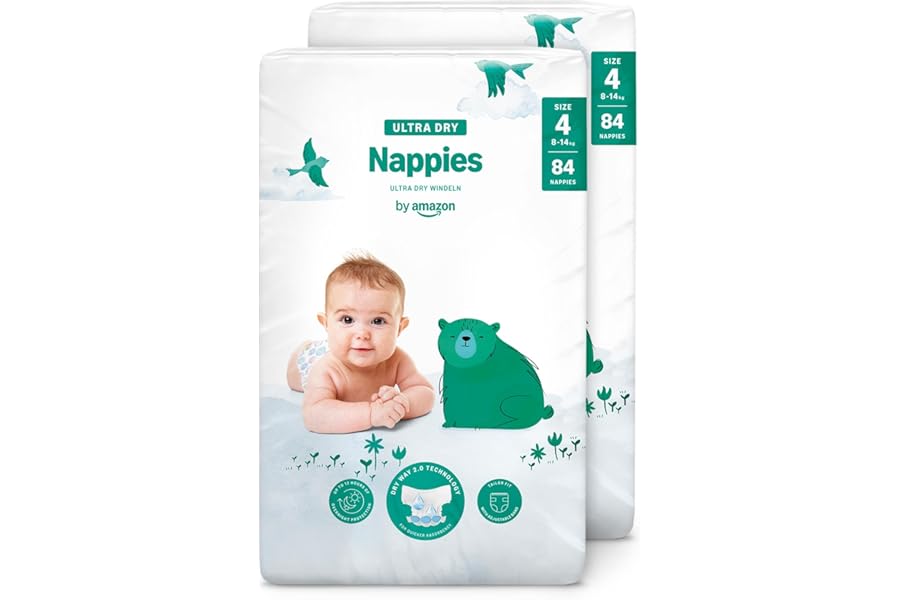 By Amazon Ultra Dry Nappies - Size 4 (8-14 kg) - With Ventilation Channels, White, 168 Units (2 Packs of 84) - New Version (Formerly a Mama Bear Brand, Same Product)