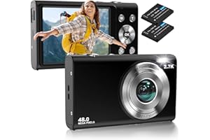 STUOGYUM Digital Camera, Autofocus Compact Camera HD 2.7K 48MP with 2.8" Large Screen, 16X Digital Zoom, Portable Mini Camera for Photography, Vlogging Camera for Kids,Adult,Beginners（Black）