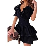 PanLidapan Vestito Corto Estate con Scollo a V e Maniche Corte Abito Vita AltaAbito Donna Elegante da Serimonia Mini Abito Do