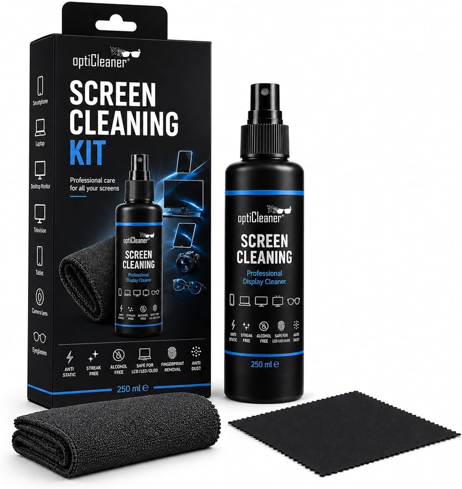 OptiCleaner Since 2003 Ekran Temizleme Seti, 250 ml Sprey, Büyük Mikrofiber Bez ve 15 × 18 cm Gözlük Bezi, Laptop, TV, Monitör, Telefon, Tablet, Araç Ekranı ve Lensler İçin