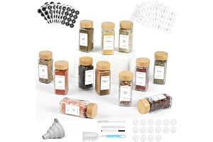 FRIBERG Pot à épices Carré En Verre,120ml,Avec Couvercle En Bois,lot de 12,pots à épices de cuisine,entonnoir inclus, brosse de nettoyage, stylo et autocollants