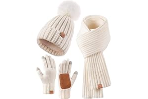FISFET Mütze, Schal & Handschuh-Sets für Damen, Beanie Mütze Damen Winter mit Bommel Fleece Gefütterte, Touchscreen Handschuhe Schal Wärmer Mütze Damen 3 in 1 Set