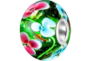 Andante-Stones - Original, Plata de Ley 925 sólida, Cuenta de Cristal de la Serie Sealife, Verde-Rosa, Flores Azules, Elemento Bola para Cuentas European Beads + Saco de Organza
