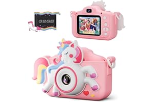 Diswoe Appareil Photo Enfant Selfie, Licorne Jouet Cadeau Filles de 3 à 12 Ans, HD Appareil Photo Numérique avec 32GB Carte et Etui en Cuir Anti-Chute Cadeau Garçons & Filles de Noël d'anniversaire