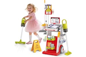 FEGALOP Juego de Limpieza para Niños, 22 Piezas Juguete para el Hogar Juego de Simulación con Aspirador de Trabajo, Escoba recogedor, Juego de rol, Carrito de Limpieza, para Niñas Niños de 3-6 Años (Rojo)