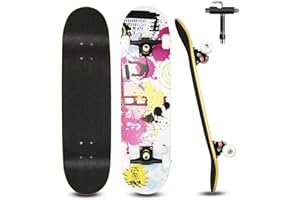 Cutemelo Skateboard pour Débutants, 80x20cm Skateboard Complet en Bois pour Enfants, Adolescents Adultes, 7 Couches de Bois D'érable Double Pont, Kick Cruiser Concave Trick Skateboard avec Outil en T