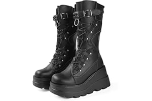Gothniero Women Black Platform Goth Boots Knee High Chunky Heel Gothic Boot Women Black Combat Motorcycle Booties Round Toe with Zip 3UK-8UK