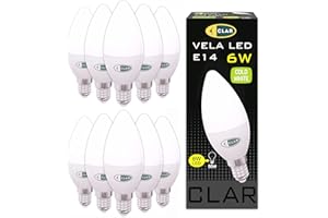 CLAR – Bombilla LED E14 Tipo Vela 6W, Casquillo Fino, Luz Fría 6500K, Bajo Consumo y Diseño Clásico (Pack 10)