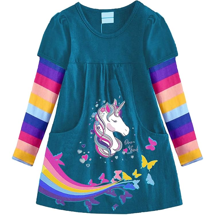 SFreeBo Meisjesjurken met eenhoornprint, regenboogjurk, katoen, kleurrijke jurken voor meisjes, cadeau, maat 104, 110, 116, 122, 128, rozerood, 6-7 Jaren SFreeBo Meisjesjurken met eenhoornprint, regenboogjurk, katoen, kleurrijke jurken voor meisjes, cadeau, maat 104, 110, 116, 122, 128, rozerood, 6-7 Jaren