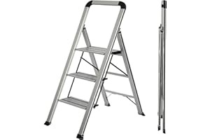 UZIRO Escalera 3 Peldaños, Escaleras Plegables de Aluminio Liviana, Decorativa, Peldaños Anchos Antideslizantes, Mecanismo Antiplegado, Compacta, Fácil de Guardar (3 Peldaños)