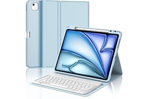 JADEMALL Keyboard Case for iPad Air 13 Inch (M3 2025, M2 2024)/iPad Pro 12.9 Inch (6th/5th/4th/3rd Generation), UK Layout Wireless Detachable Bluetooth Keyboard with Slim Cover and Pencil Holder, Sky Blue