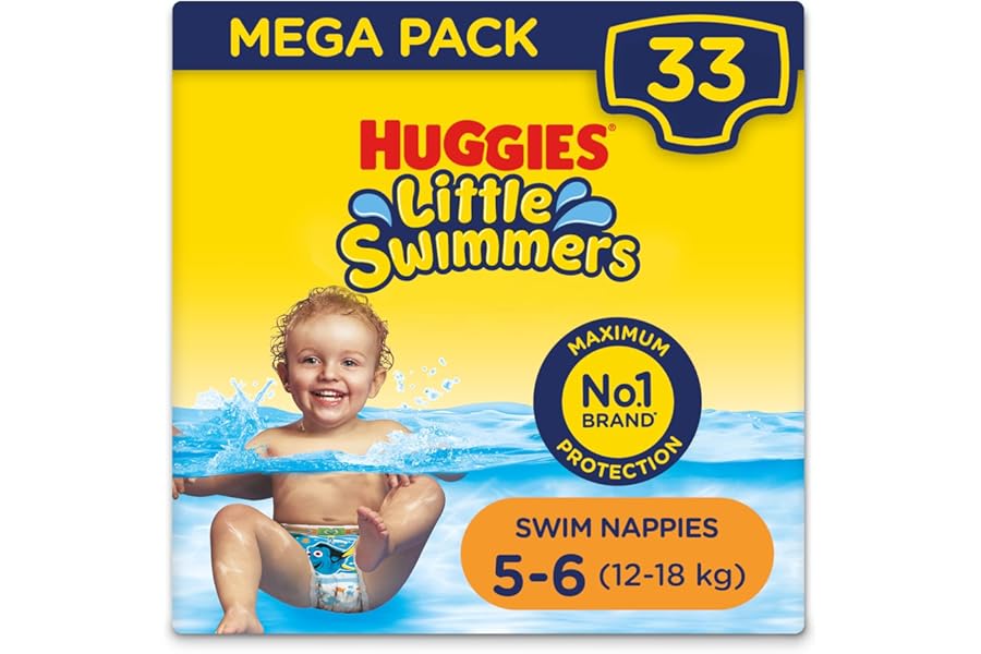 Huggies Little Swimmers, Swim Nappies, Size 5-6 - 33 Pants - Maximum Protection Swimming Nappies with Leak Guards - All-Round Stretchy Waistband