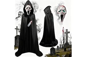 Halloween Horror Scream Maske Set, Latex Ghostface Maske mit 140cm Umhang und Messer, Geist Scream Masken für kinder Erwachsene für Halloween Horror Verkleidung Cosplay Realistische Requisiten