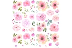 COMNICO 60pcs Pink Flower Wall Sticker Watercolor PVC Peel and Stick Wall Decals Cute Peony Floral and Leaves Pastel Flower Decor for Kids Bedroom Living Room Baby Nursery Kindergarten