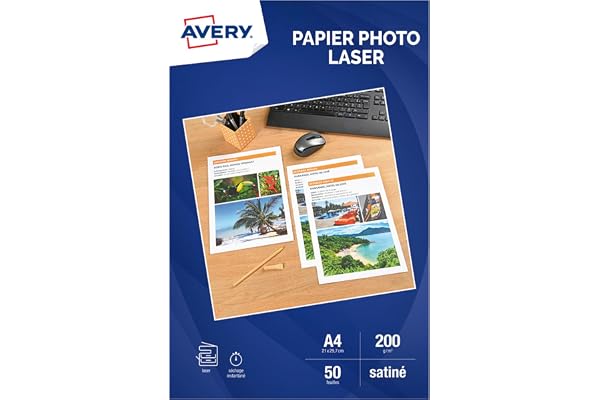 Avery Papier A4 200g/m² Brillant - 50 Feuilles - Papier Photo A4 Brillant- Laser, Séchage Instantané, FSC Certifié, Couleurs Éclatantes, Résistant, Finition Professionnelle