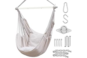 Swing Chair with Hardware Kit: Ohuhu XL Portable Hanging Chairs with 2 Cushions Detachable Metal Support Bar Side Pocket for Indoor Outdoor, Hammock Chair for Patio Bedrooms Teen Girls Room Decor