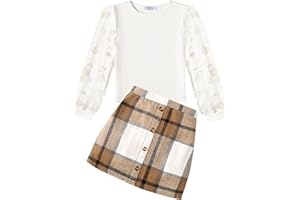 Arshiner Ragazze Completi di Abbigliamento Bambine Elegante Top a Maniche Lunghe con Plaid Gonna Set Autunno Inverno Outfit Moda Coordinati per Ragazze 5-13 Anni