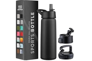GARUET 750ml Triple Walled, Insulated Water Bottles with Straw - Stainless Steel Metal Bottle W/ 3 Leak Proof Lids - for Travel, School, Sports, Gym/Men, Women (Inky Raven Black)