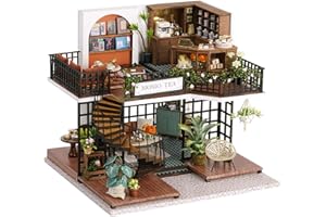 Cuteefun Casa en Miniatura para Montar, Casa de Munecas Miniatura con Muebles, Kit de Casas de Manualidades DIY con Música, Idea de Regalo Creativa (Tienda de Té)
