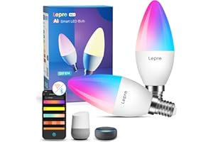 Lepro AI Smart Bulb E14, Music Sync WiFi Bulb, Voice Control Screw Blub, Color Changing Light Bulbs, Work with Alexa & Google Assistant, Personalized AI Lighting Designer, 2 Packs