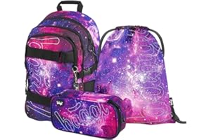 Baagl Schulrucksack Set Mädchen 3 Teilig, Schultasche ab 3. Klasse, Grundschule Ranzen mit Brustgurt, Ergonomischer Schulranzen