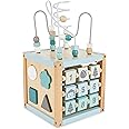 Bieco Scandi-Chic Motor Skills Cube | Motor Skills Toy from 1 Year | Modern Activity Centre Baby | Motor Skills Cube Wooden Activity Cube Baby with Plug-In Game and Motor Skills Loop
