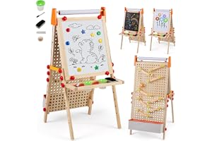 COSTWAY tavla för barn, speltavla i trä dubbelsidig med magnetisk whiteboard, pappersrulle, förvaringsfack och kulbana, vikbar och höjdjusterbar golvtavla med tillbehör för barn från 3 år