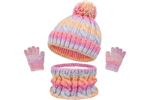 SK Studio Enfants Bonnet Tricoté Écharpe Gants d'hiver Tour De Cou avec Polaire Chaud Écharpe et Chapeau pour Garçons et Filles, 3-10 Ans