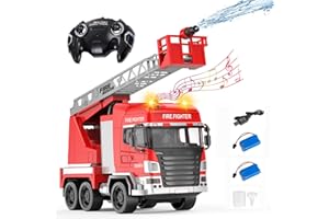 Hlieeosfcn Coche de Bomberos, Toys Fire Fighter, 1:24, 7 Canales con Pilas Dobles luz y Sonido, 3-6-10 con función de Salpicaduras de Agua, Escalera, 3-6-10 niños