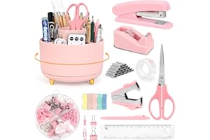 TOP-SPRING Cute Stationery Set, 12 in 1 Office Supplies & Desk Accessories for Women with Stapler & Staples Set, Pencil Holder, Tape Dispenser, Scissors, Clips, Ruler, Gift for Teachers, Students, Girls (Pink)