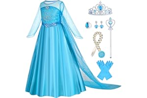 Gridamea Vestito Elsa Frozen Bambina-Costume Anna Ghiaccio Abito da Principessa con Corona/Bacchetta/Guanti/Treccia/Orecchini/Anello per Bambini Compleanno, Halloween, Feste, Cosplay