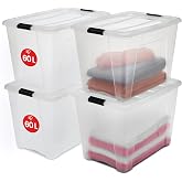 Iris Ohyama Storage Boxes with Lids, 60L, Set of 4, Transparent, Safe Buckles, Stackable, Pull Handles, Bedroom, Do
