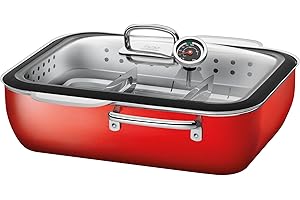 Silit ecompact Dampfgarer, Bräter Induktion 35,6 x 33,3 x 18 cm, 6,7l, mit Glasdeckel, Garblech, Garthermometer, Silargan Funktionskeramik, rot