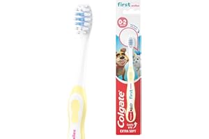Colgate Kids Toothbrush 0-2 Years - Baby Toothbrush - Extra Soft bristles - Gently and Effectively Clean First Teeth - Small Brush Head - Blue bristles Toothpaste Guide - Non-Slip Handle
