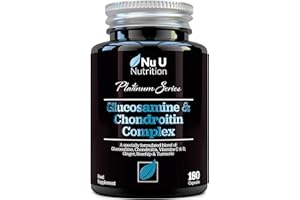 Glucosamine and Chondroitin High Strength Complex - 180 Capsules - with Turmeric, Ginger, Rosehip, Vitamin C & D - Joint Care Supplements for Women & Men - Made in The UK - Nu U Nutrition