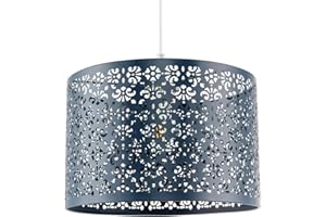 Unique Moroccan Designed Navy Midnight Blue Metal Circular Pendant Light Shade with Floral Decor | 30cm Diameter | Maximum 11watt LED Allowed by Happy Homewares