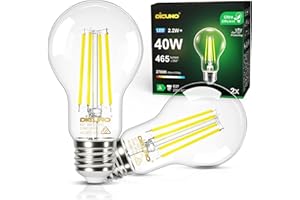 DiCUNO Edison LED Lampe E27, Classic ultraeffiziente Birne, A Label, 2.2W, Ersatz für 40W Glühbirne, Warmweiß 2700K, 465lm, 360°, klar, Energieeffizienzklasse A, A60 LED Leuchtmittel, 2er Pack
