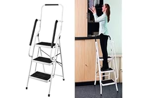 ROYALSWILL Scaletta pieghevole, scala in acciaio a 3 gradini con corrimano di sicurezza e battistrada antiscivolo, scala pieghevole portatile,capacità massima 150 kg, scala a gradini per ufficio, casa, giardino