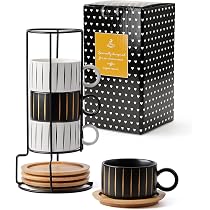 Lot De 6 Tasses à Expresso En Céramique Avec Soucoupes Et Support - 140ml - Blanche Réactive - Lave-vaisselle