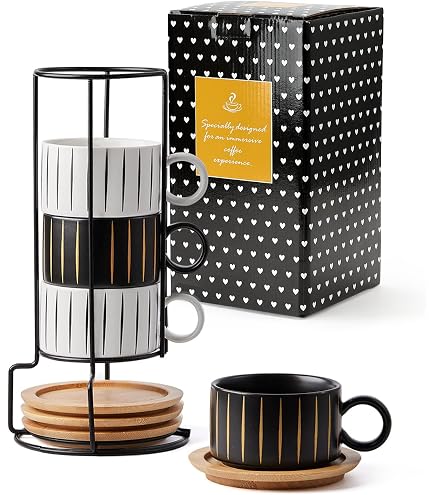 Set De 4 Tasses à Café En Céramique 180ml Motif Marbré | Avec Soucoupes Bois, Cuillères Et Support | Pour Cappuccino, Latte, Expresso