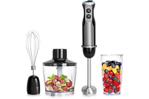 kolohoso 1500W Batidora de Mano, 4 in 1 Minipimer, 20 Velocidades Batidora Picadora, 4 Hojas de Acero Inoxidable, Protección Antisalpicaduras incluye Vaso Medidor, Batidor de Huevos, Picadora, sin BPA