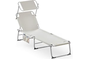 ‎CASARIA Casaria® Sonnenliege Klappbar Wetterfest Alu Gartenliege Mit Dach Seitentasche 150kg Belastbar 190x60cm Liegestuhl Relaxliege Garten Klappliege Creme